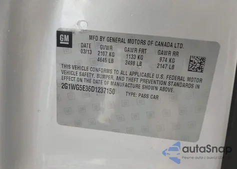 2013 Chevrolet Impala Lt z USA, uszkodzony, nr VIN 2G1WG5E36D1237150